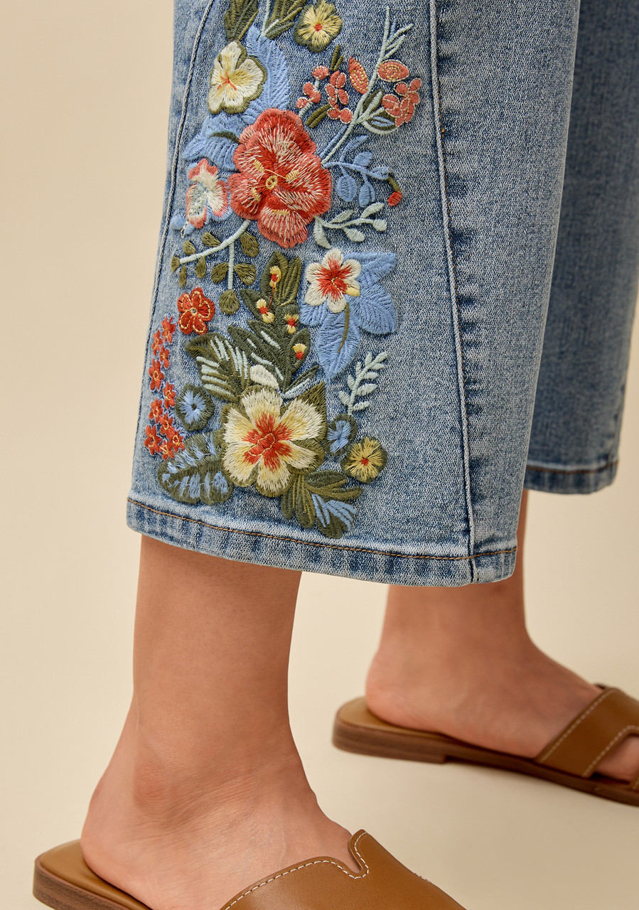 Floral Embroidered Denim Crop - Detailed Shot