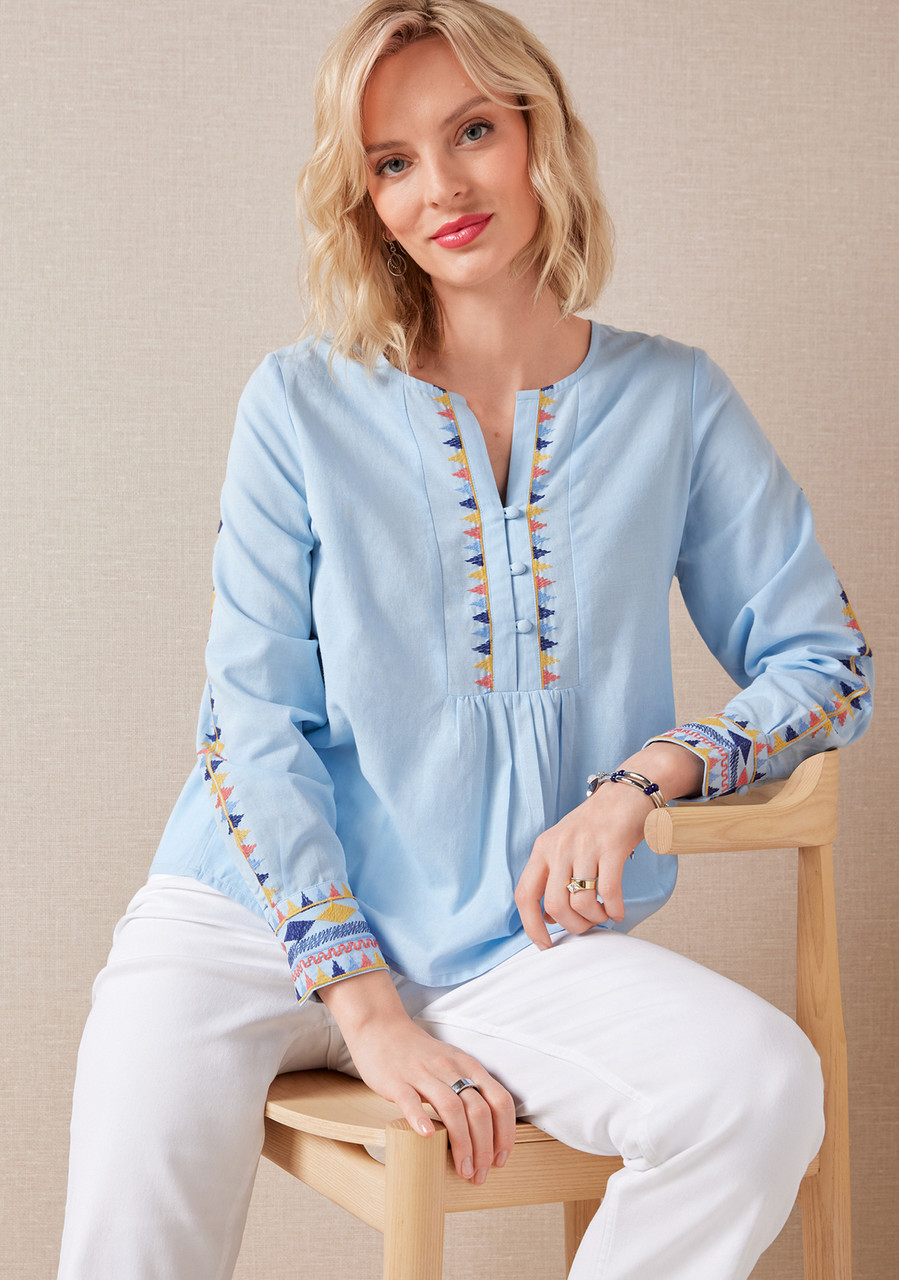 Embroidered Long Sleeve Blouse - Sitting Close Up