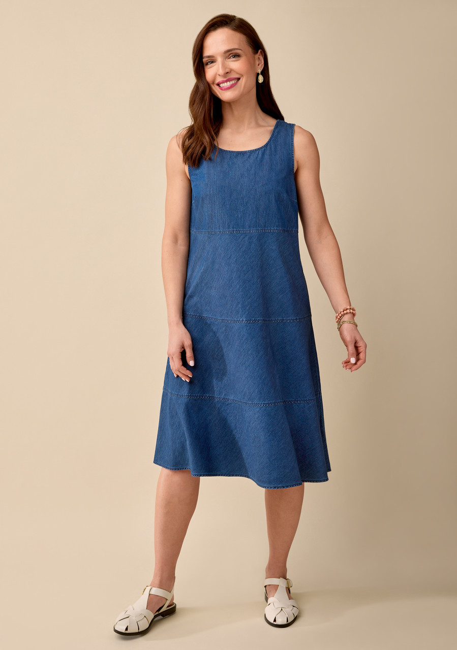 Sleeveless Tiered Chambray Dress BCBG Maxazria Faded Blue