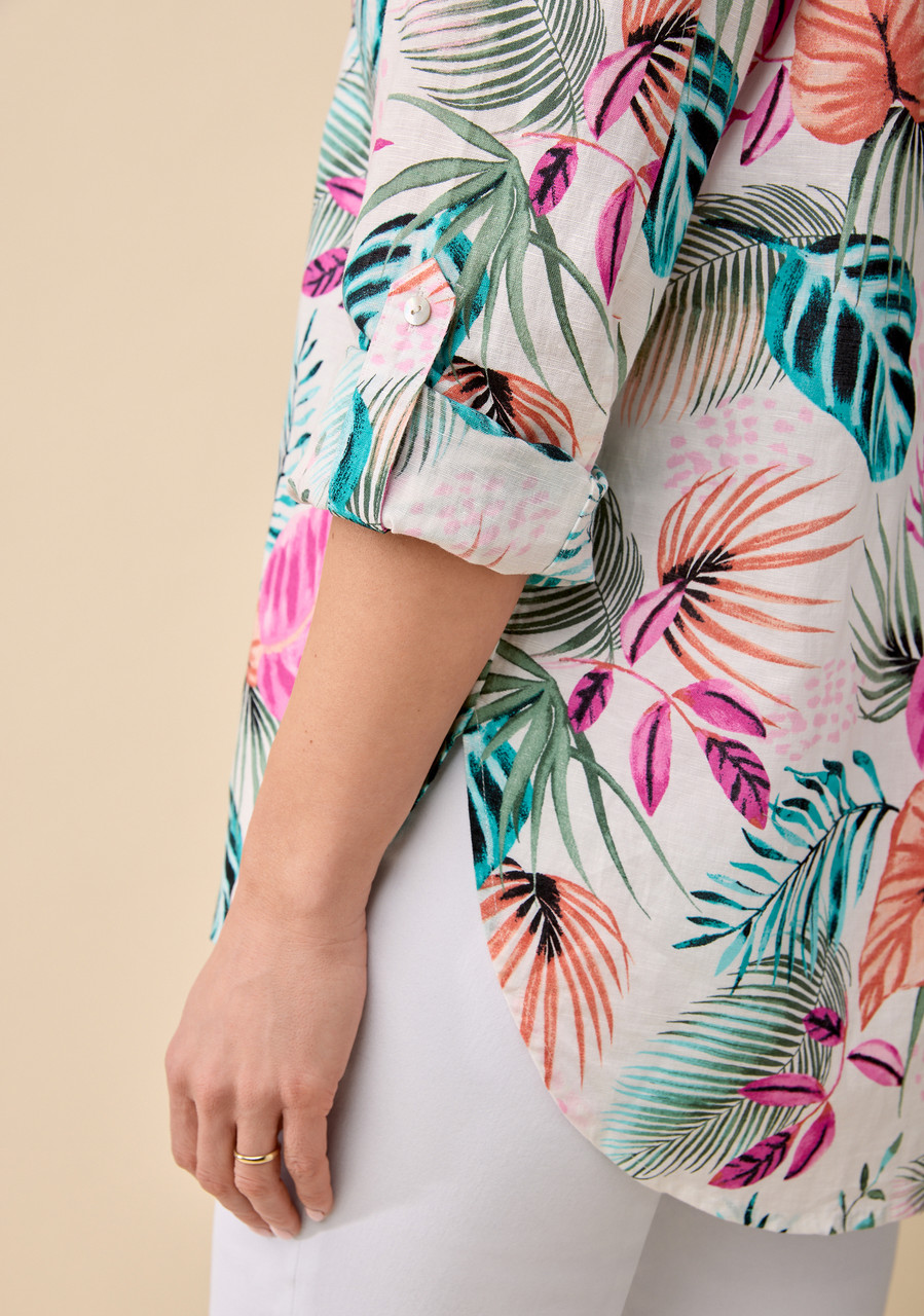Tropical Print Roll Tab Shirt - Close Up