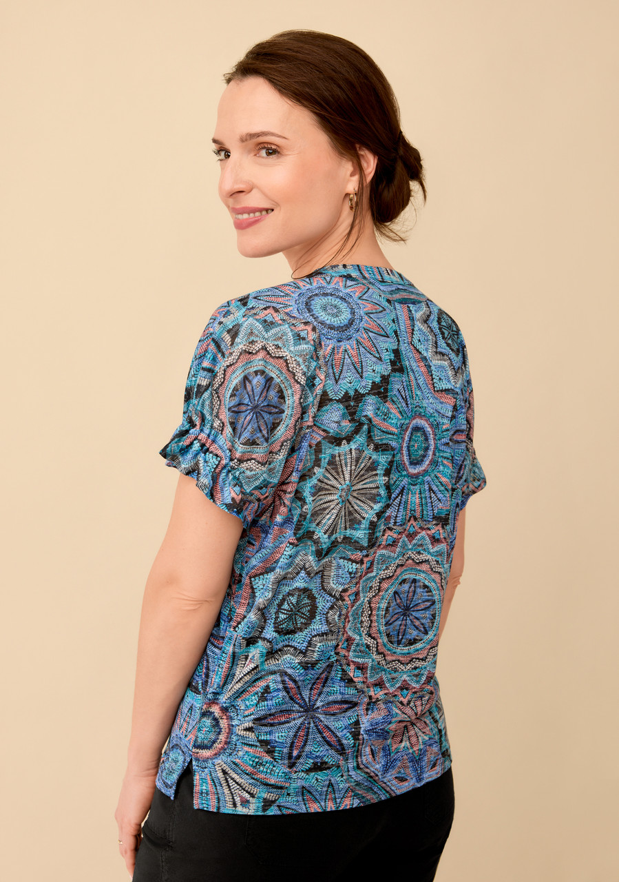 Mosaic Print Ruffle Sleeve Top - Back View