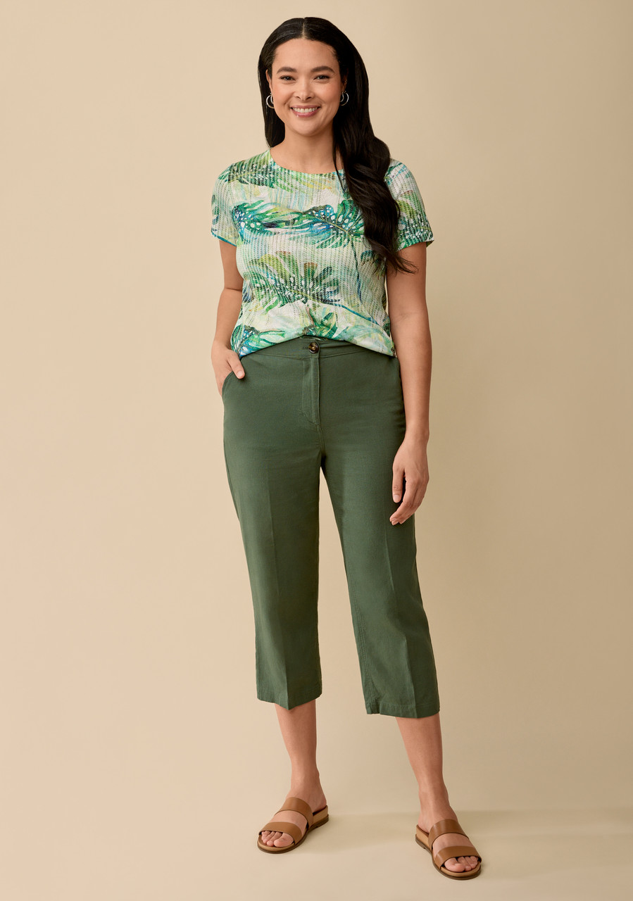 Linen Blend Pull-On Crop Pants -  Leaf Green - Full Body 