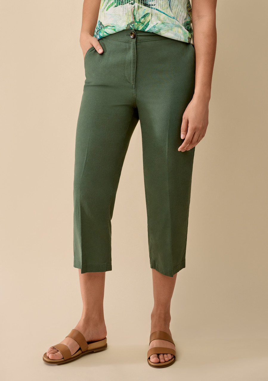 Linen Blend Pull-On Crop Pants -  Leaf Green - Half Body Bottom 