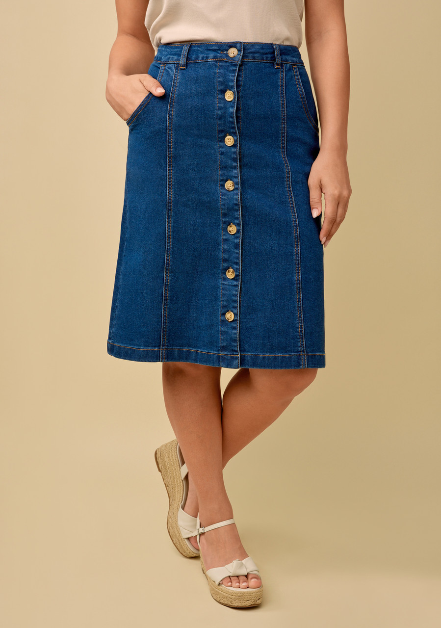 Button Front Denim Skirt - Half Body