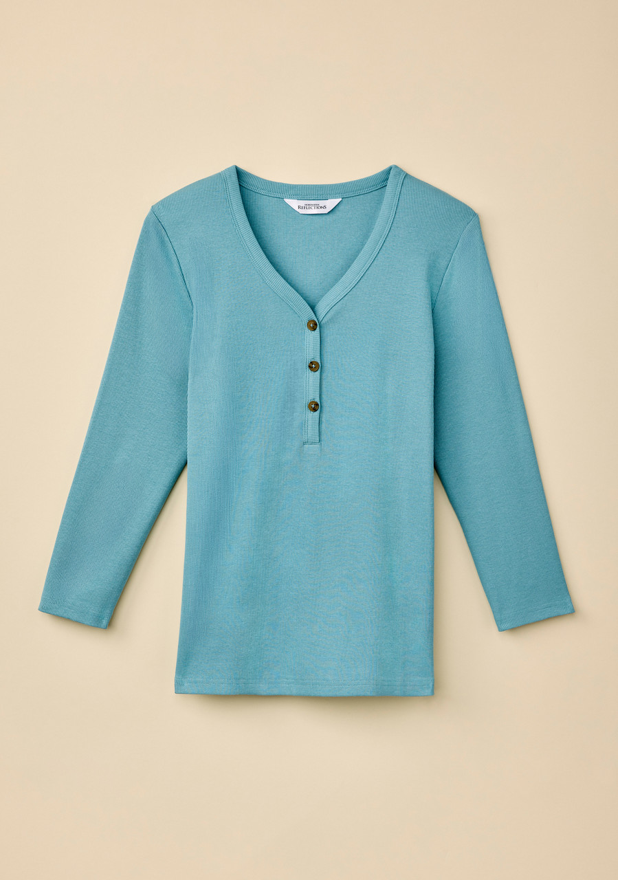 Cotton Y-Neck 3/4 Sleeve Top Blue