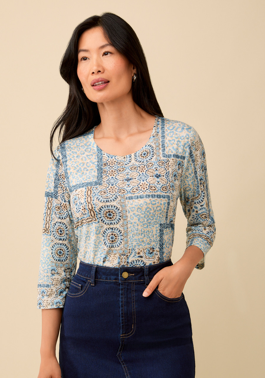 Relaxed Patchwork Print Knit Top Tucked