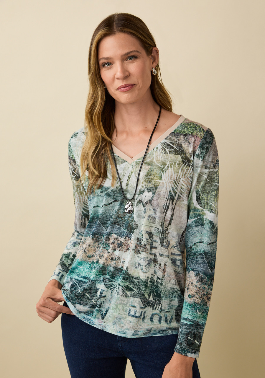 Burnout V-Neck Print Top - Half Body 2