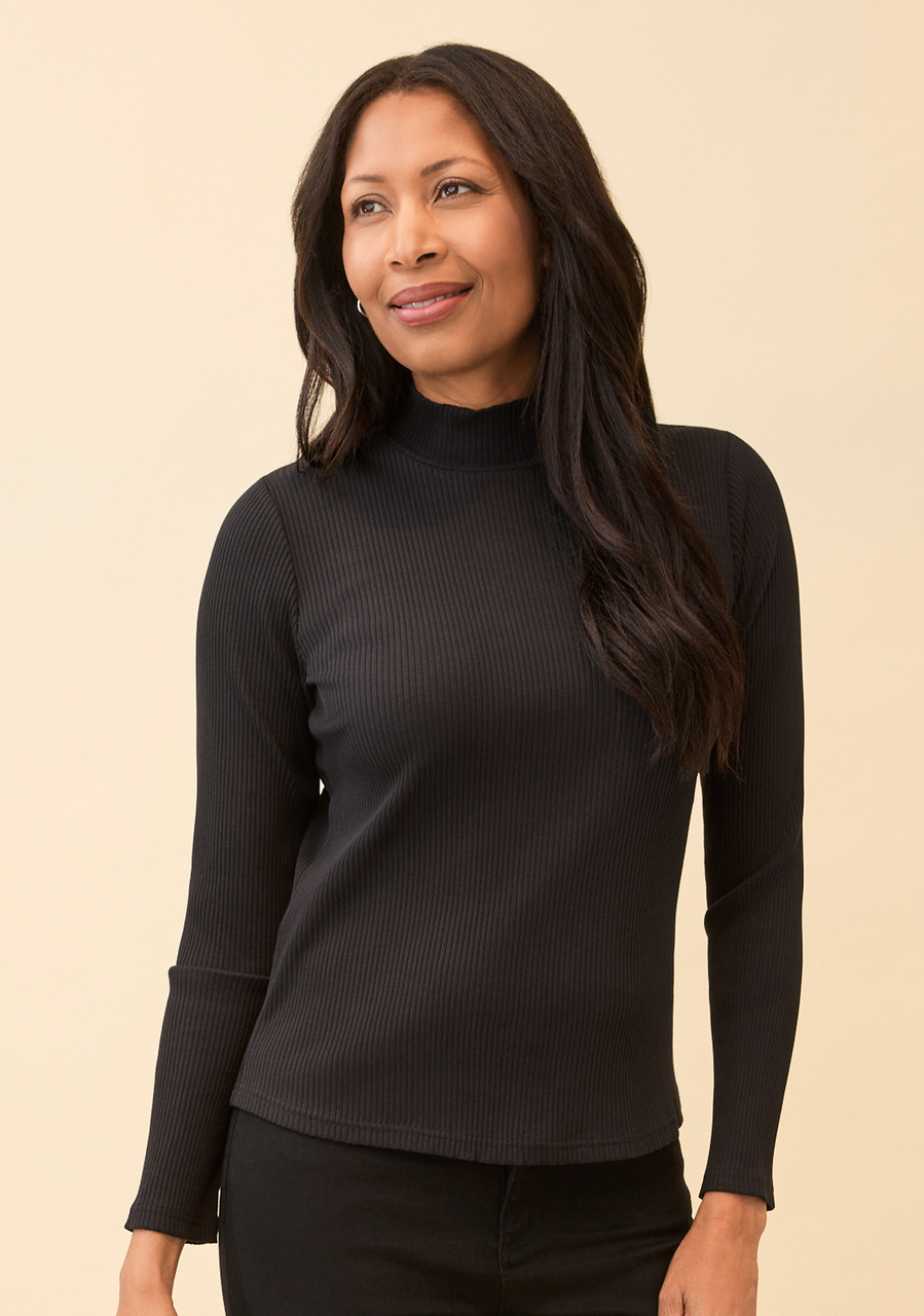 Ribbed Mock Neck Top Black Front