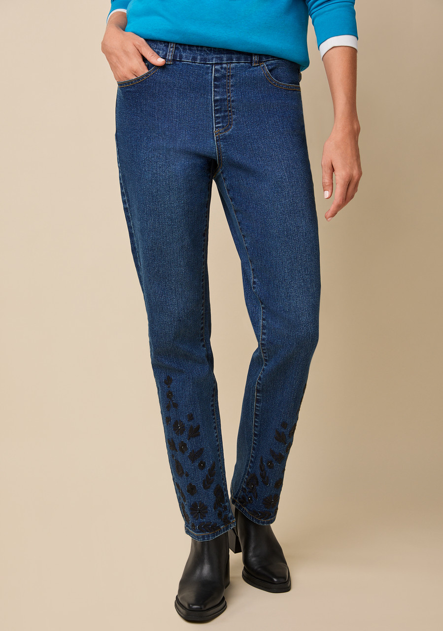 Embroidered Floral Hem Comfort Jean