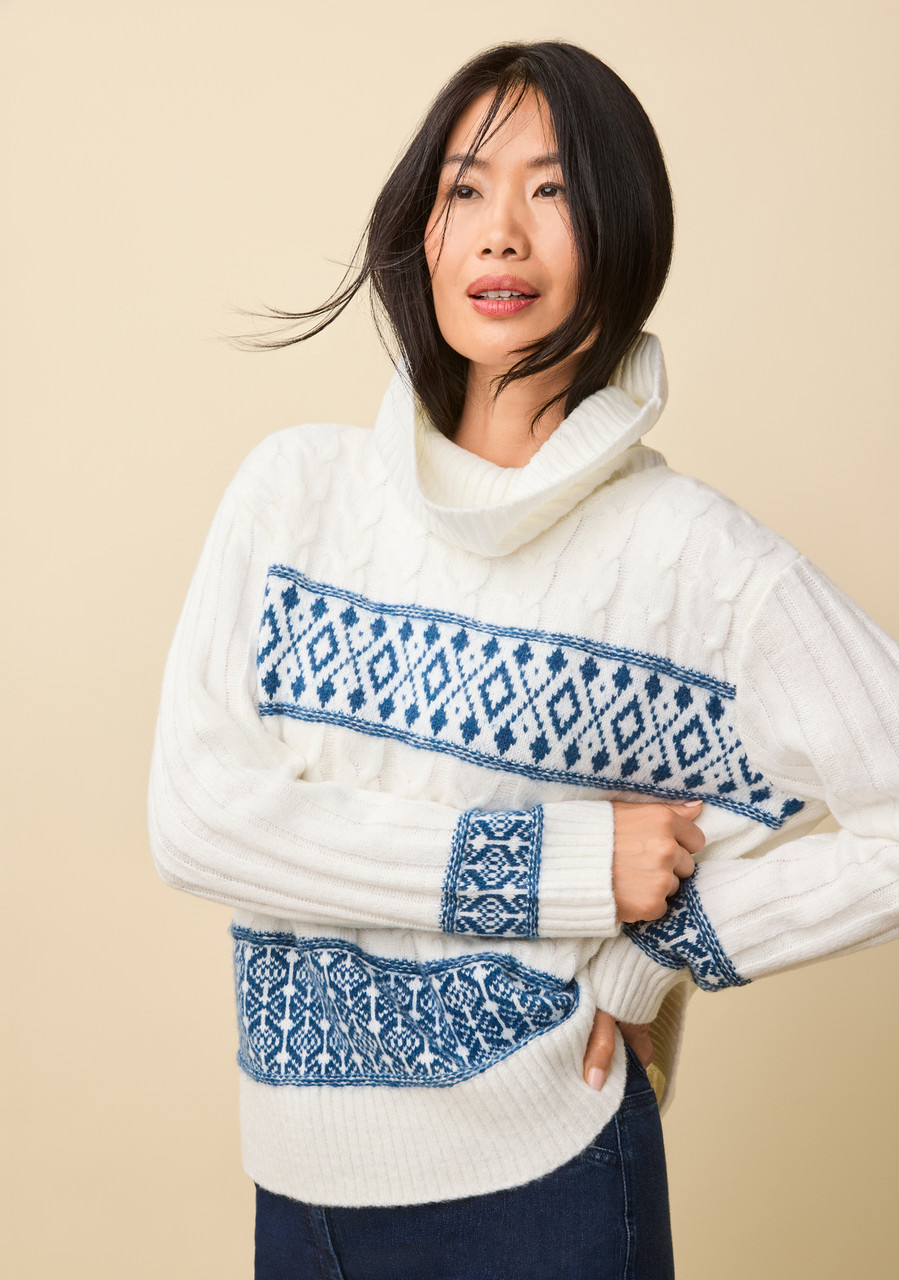 Cable Knit Jacquard Turtleneck Sweater Front