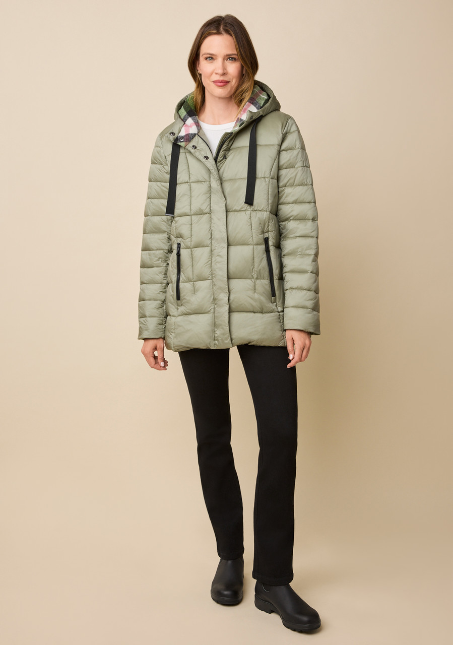 Plaid-Lined Quilted Hooded Jacket  Full