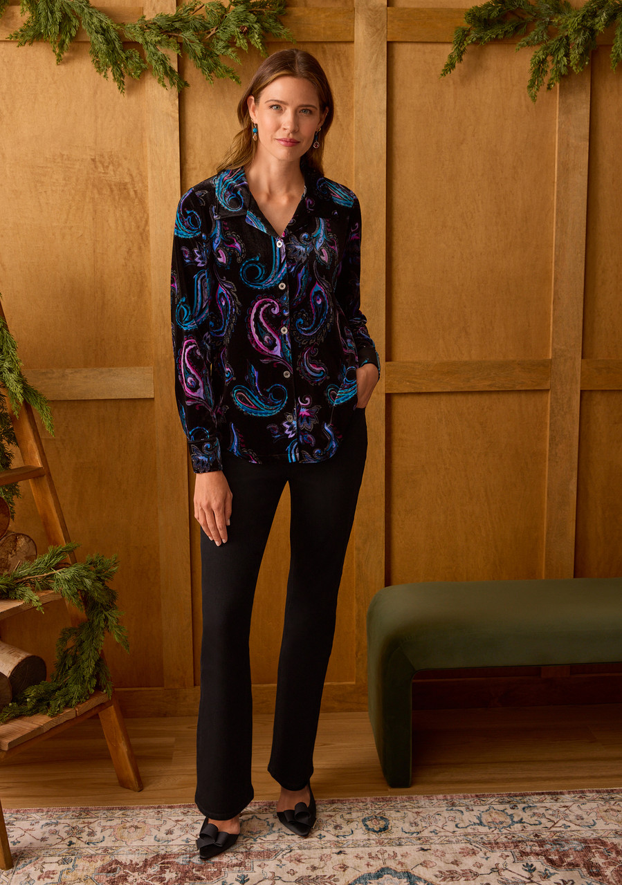 Printed Velvet Button Shirt full body