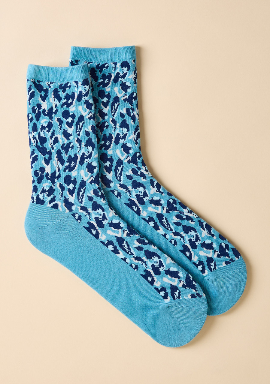 Leopard Print Blue Crew Socks
