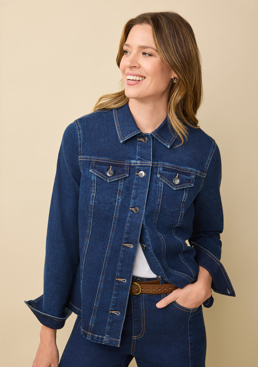 Classic Stretch Denim Jacket - half body front- dark wash