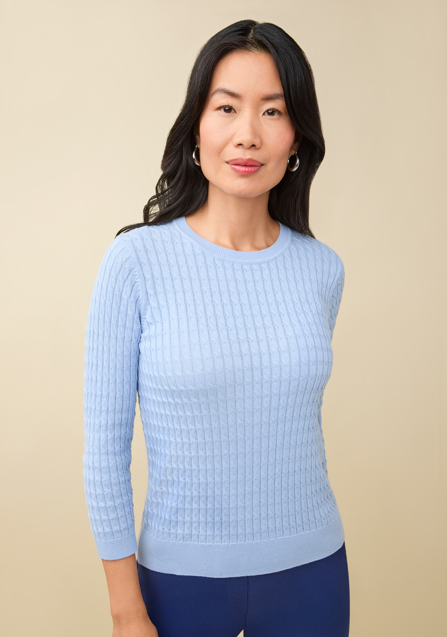 Cotton Cable Crewneck Sweater- half body untucked -sky blue