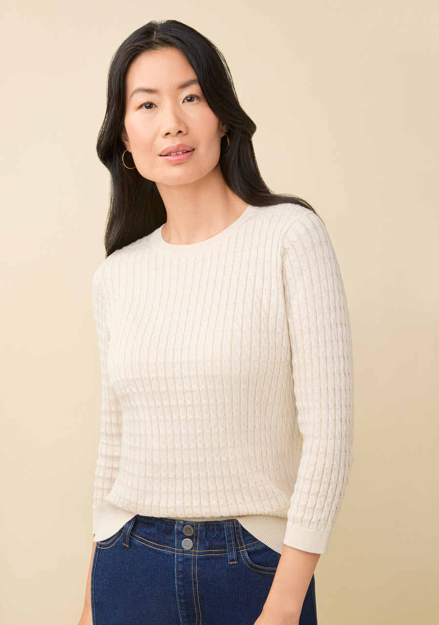 Cotton Cable Crewneck Sweater beige