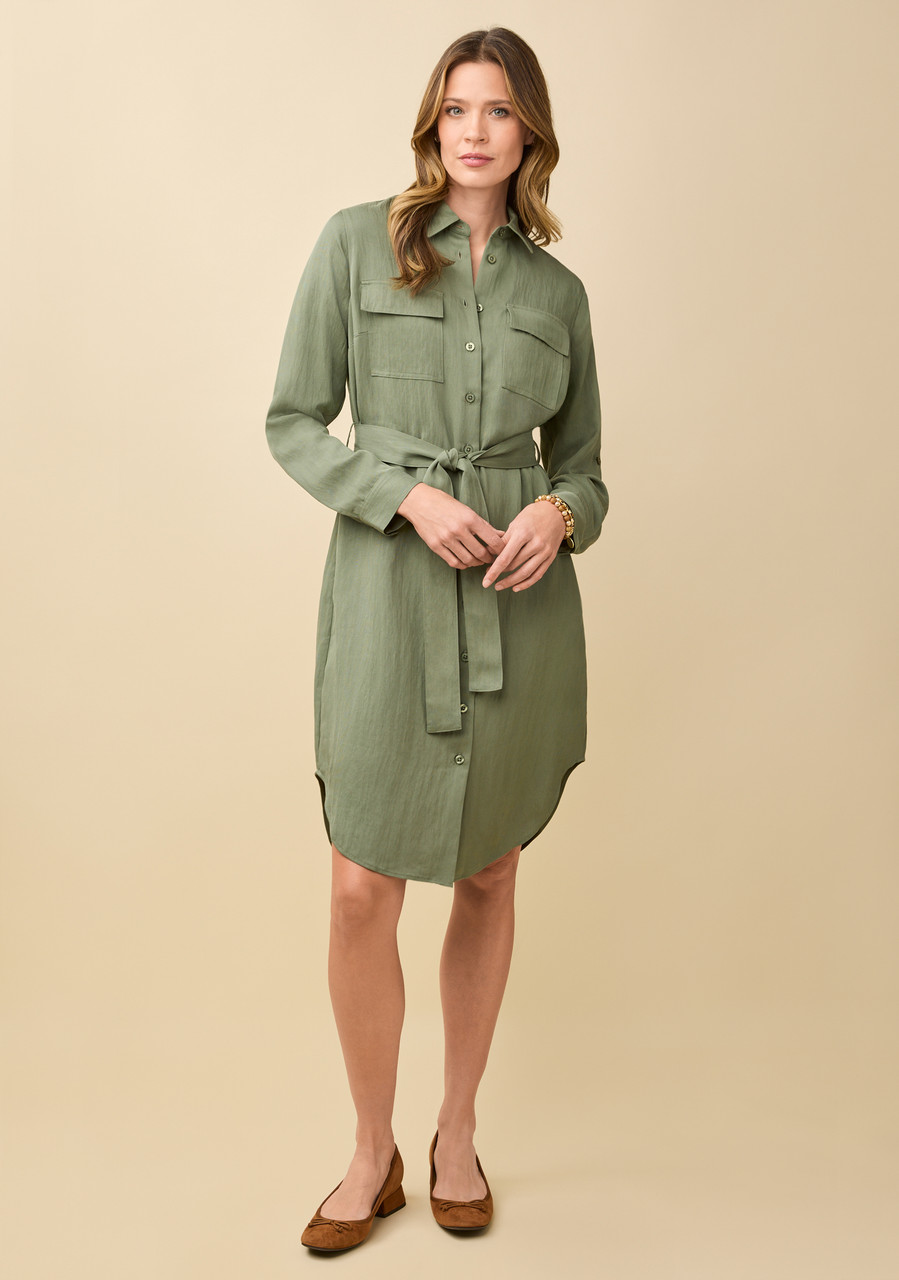 Button Front Belted Shirt Dress Green