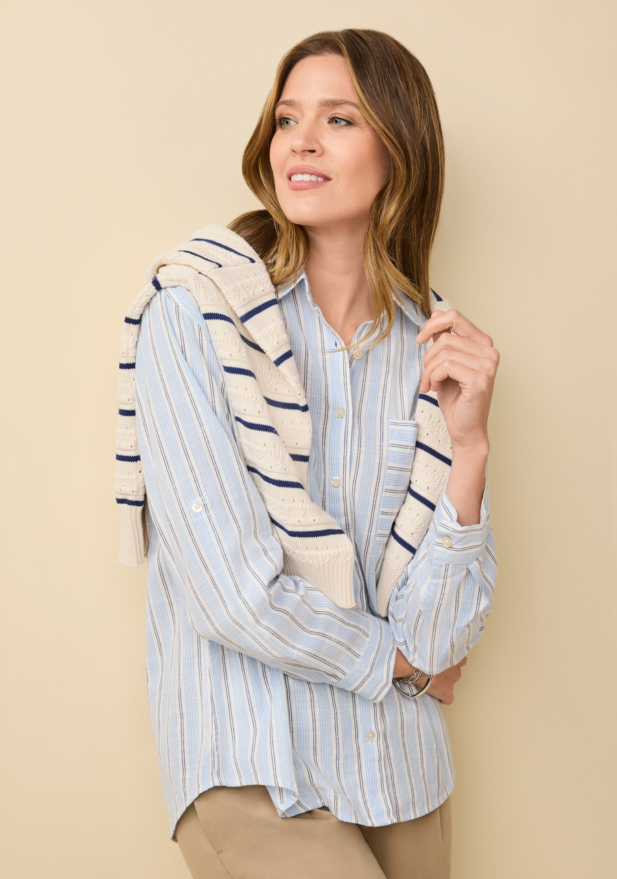 Striped Button-Front Shirt - Blue Alt