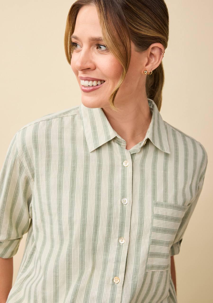  Striped Button-Front Shirt - Green Close Up