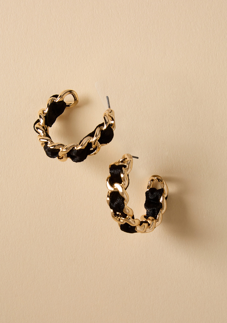 Chain Earrings with Black Ribbon Detail