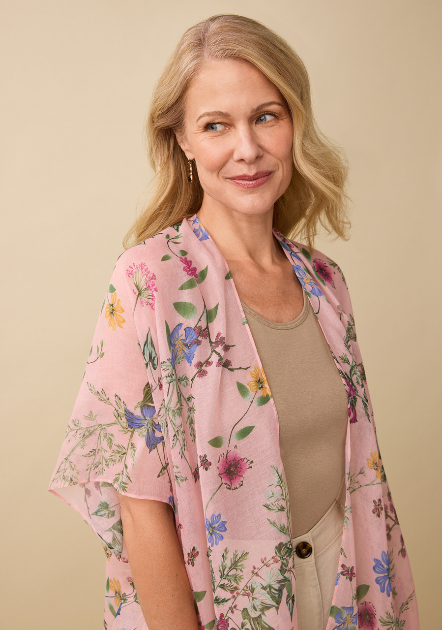 Printed Lightweight Ruana - Pink Front