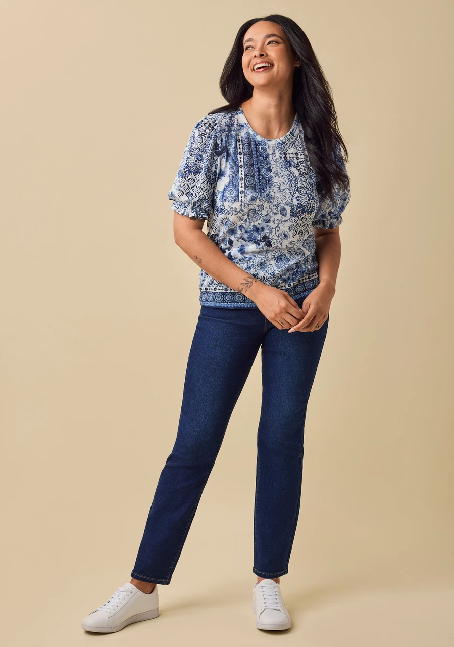 Printed Knit Puff Sleeve Top