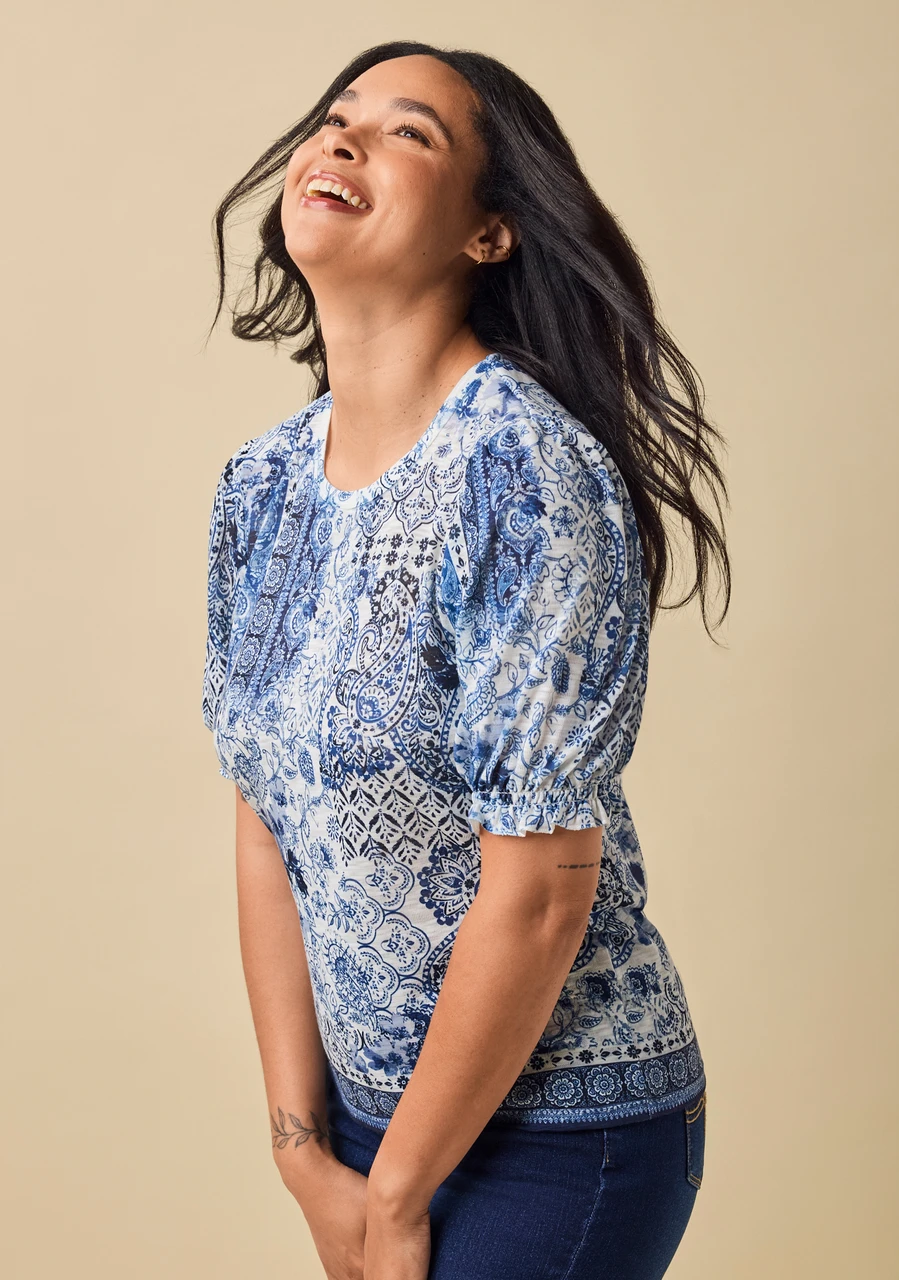 Printed Knit Puff Sleeve Top