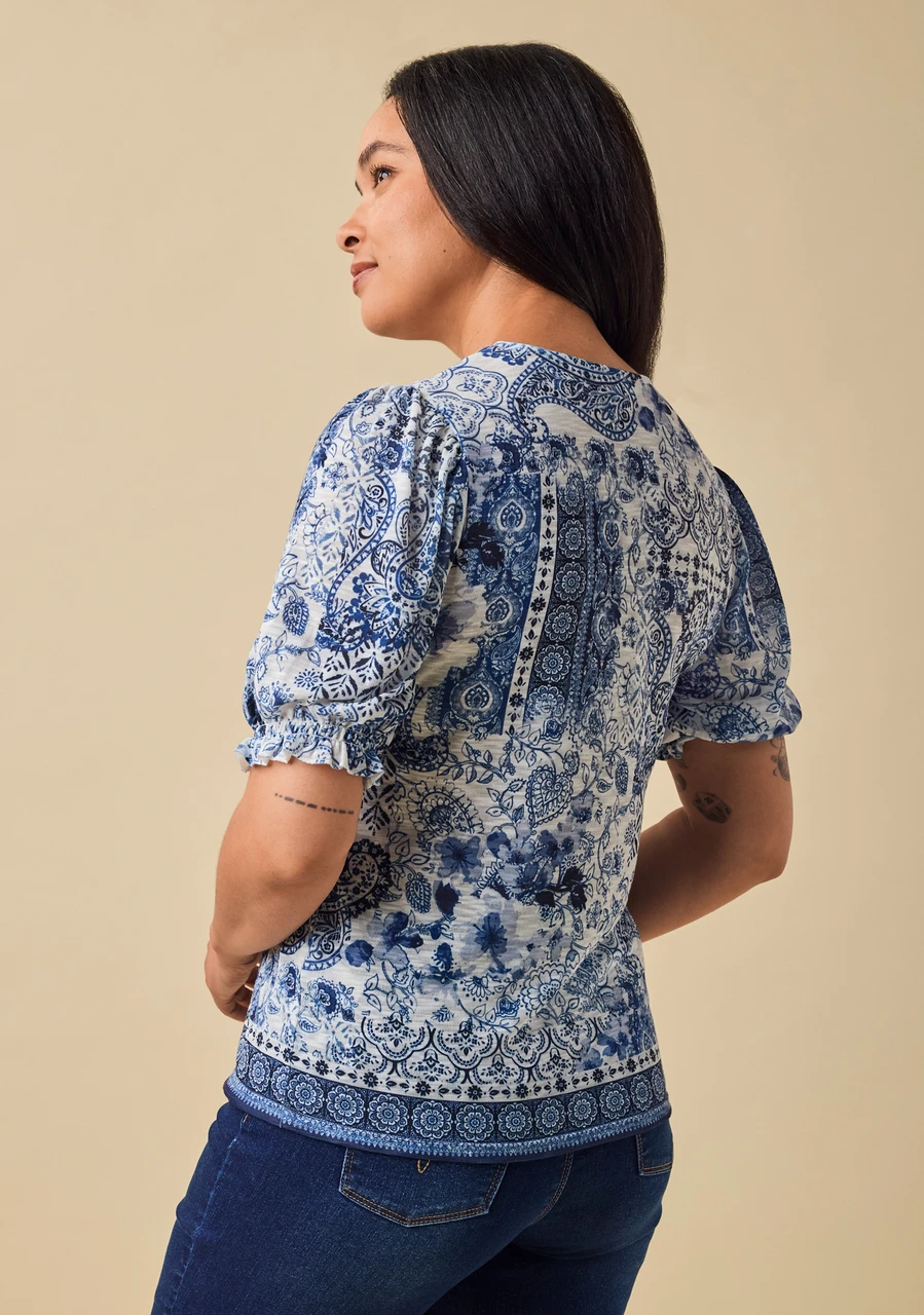 Printed Knit Puff Sleeve Top