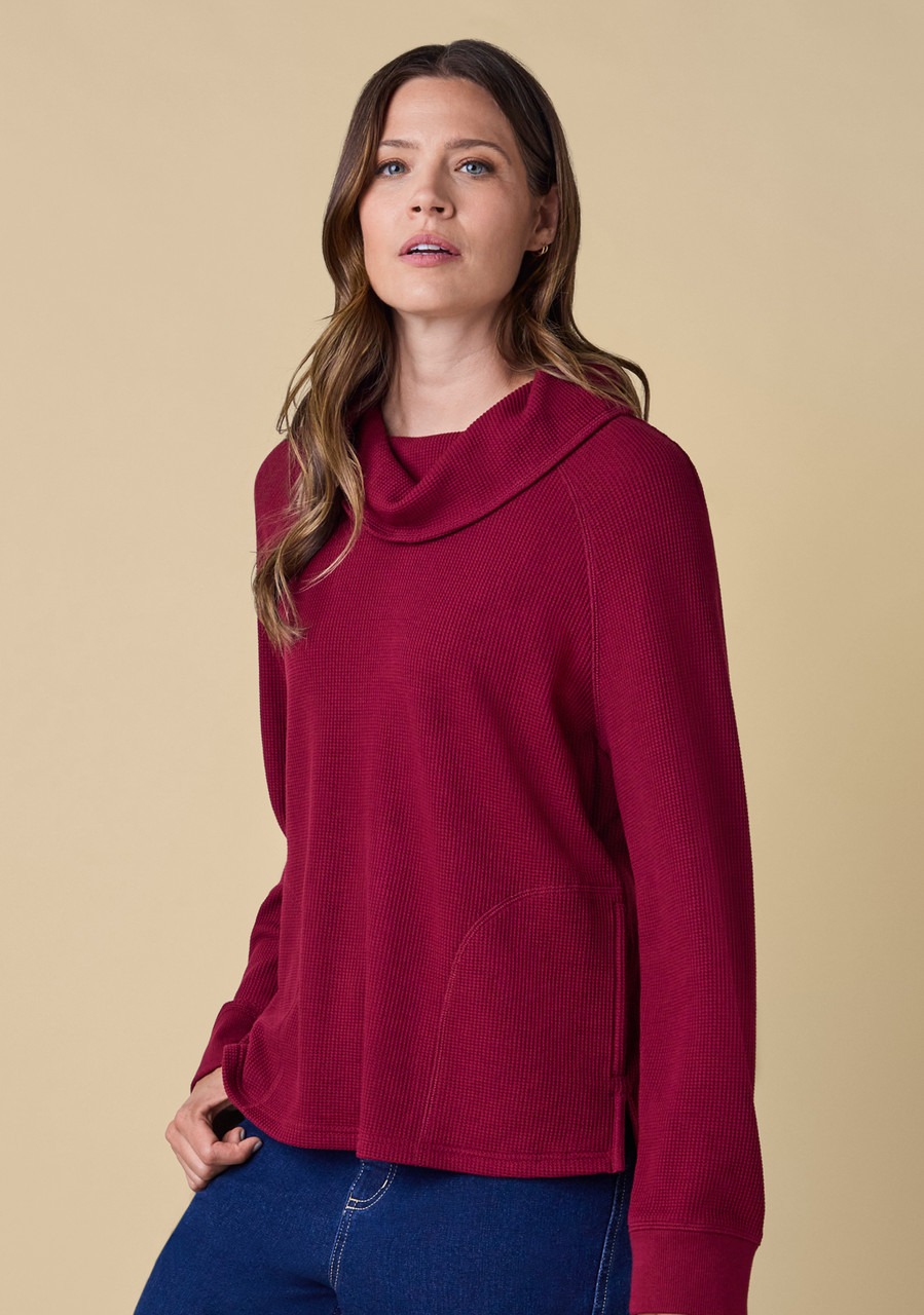 Waffle Knit Cowl Neck Pullover