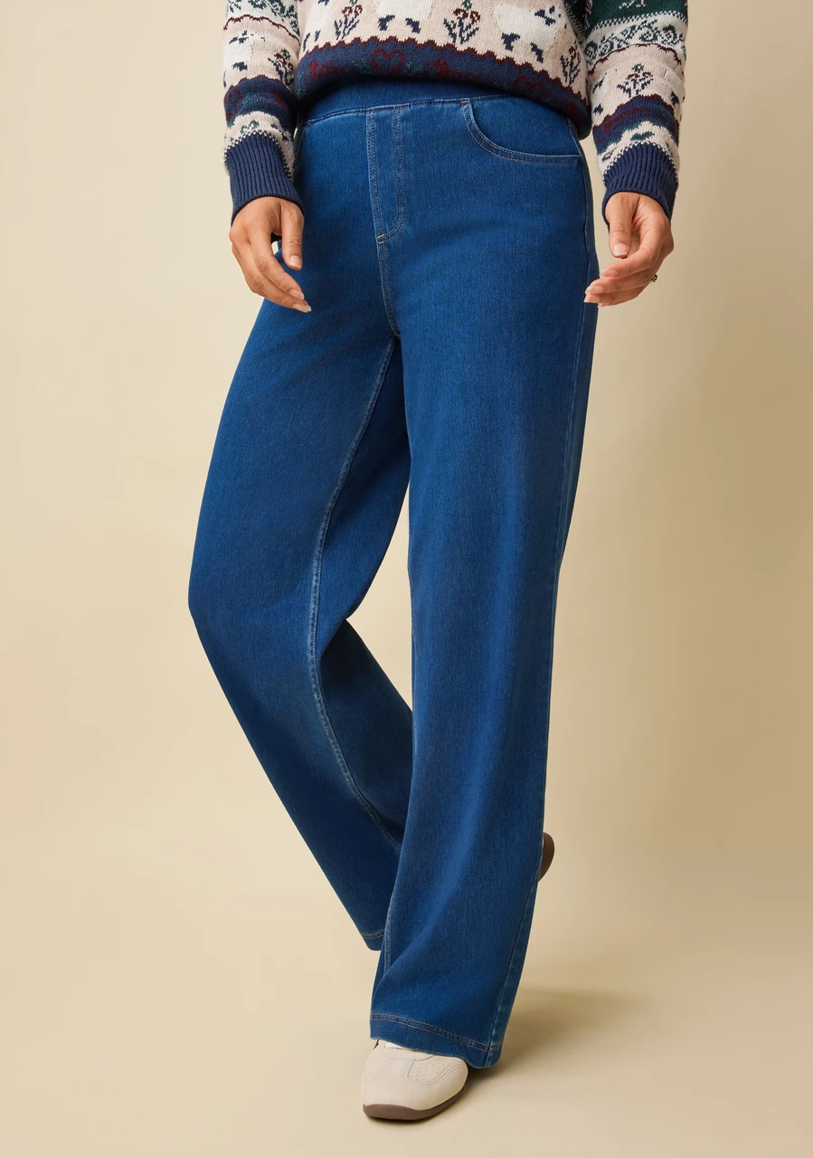 Pull-On Wide Leg Knit Denim Pants