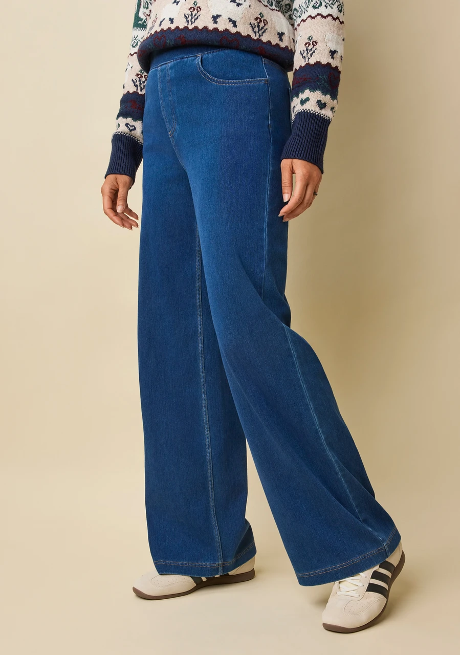Pull-On Wide Leg Knit Denim Pants