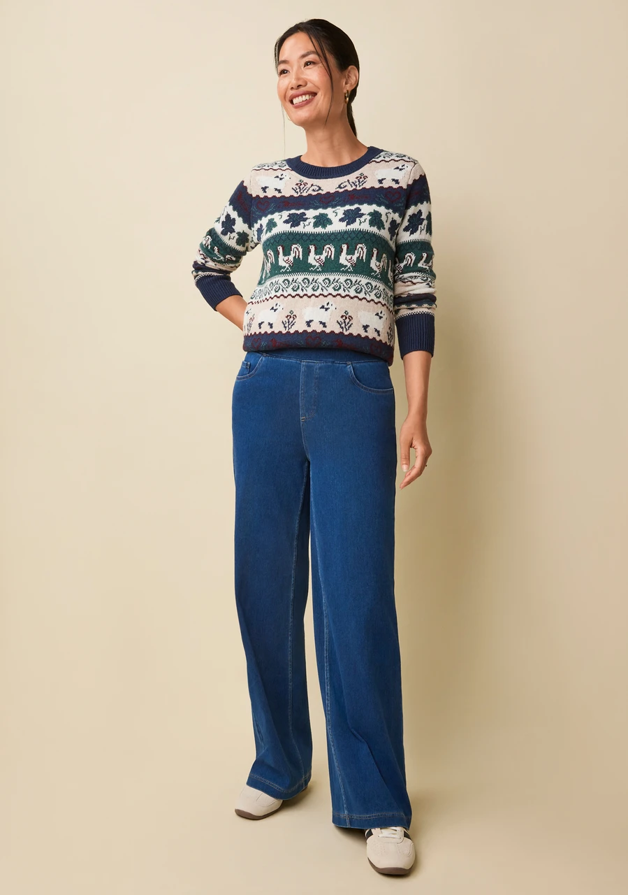Pull-On Wide Leg Knit Denim Pants