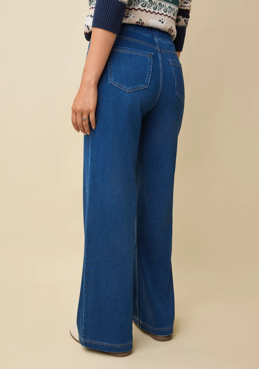 Pull-On Wide Leg Knit Denim Pants