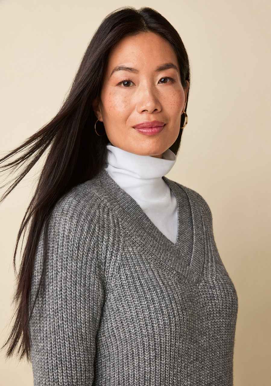Double V-Neck Shaker Knit Sweater Dress