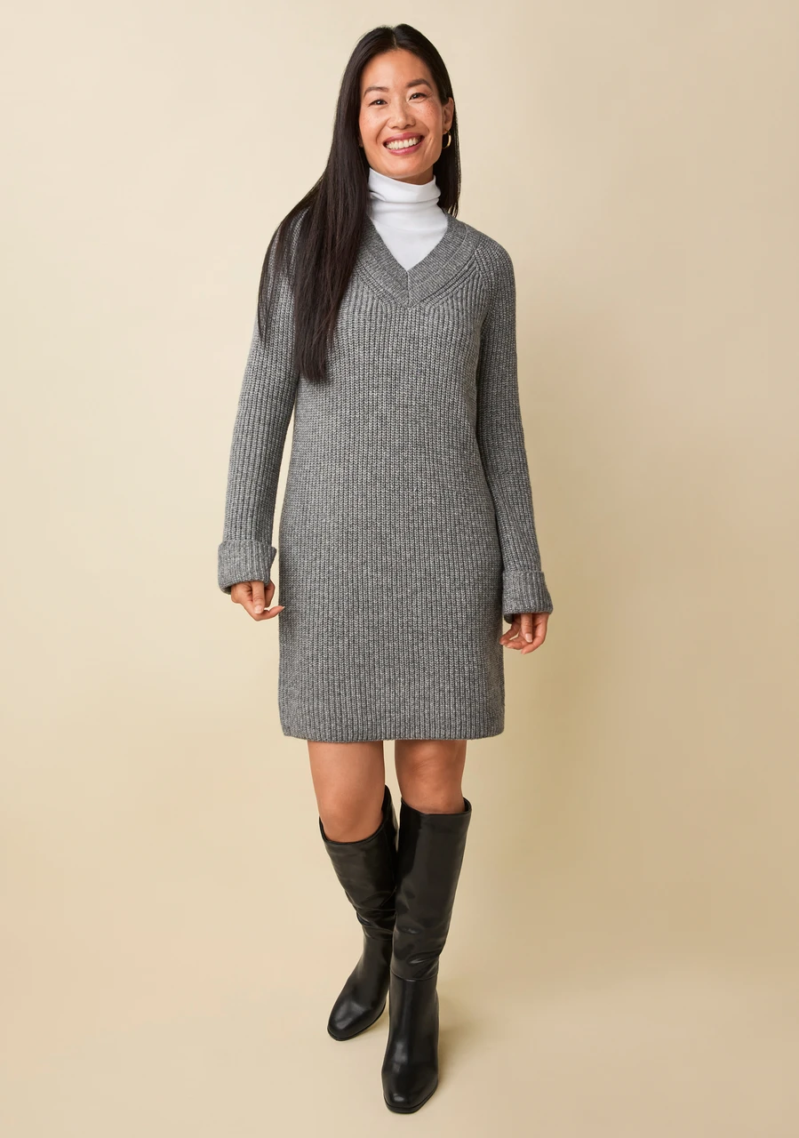 Double V-Neck Shaker Knit Sweater Dress