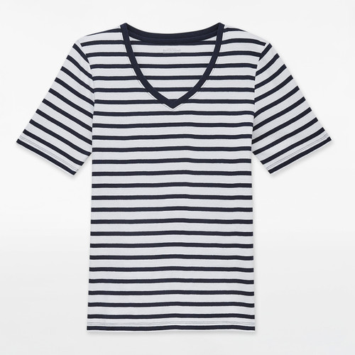 black and white striped v neck tee