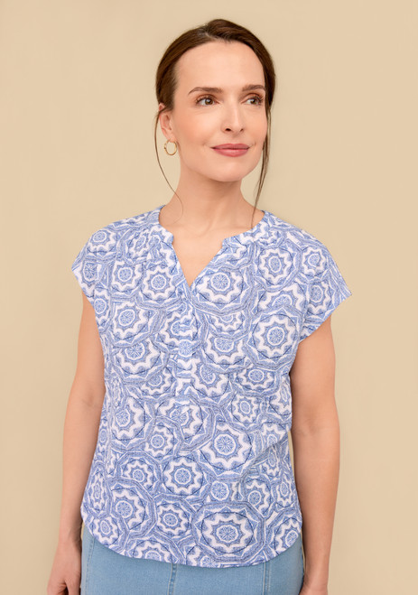 Crinkle Cotton Mosaic Print Blouse
