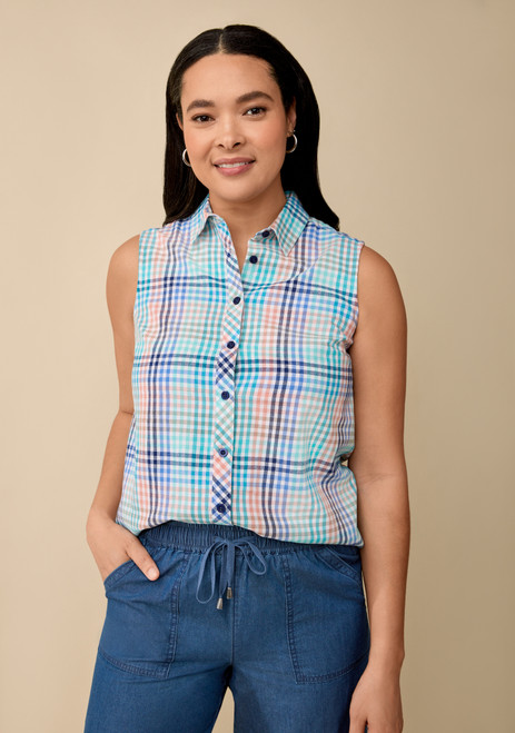 Sleeveless Plaid Button-Up Shirt