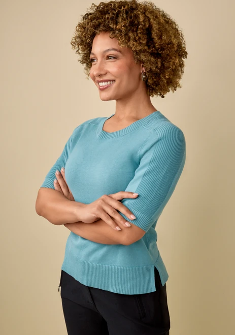 Ribbed Elbow Sleeve Raglan Sweater - Half Body