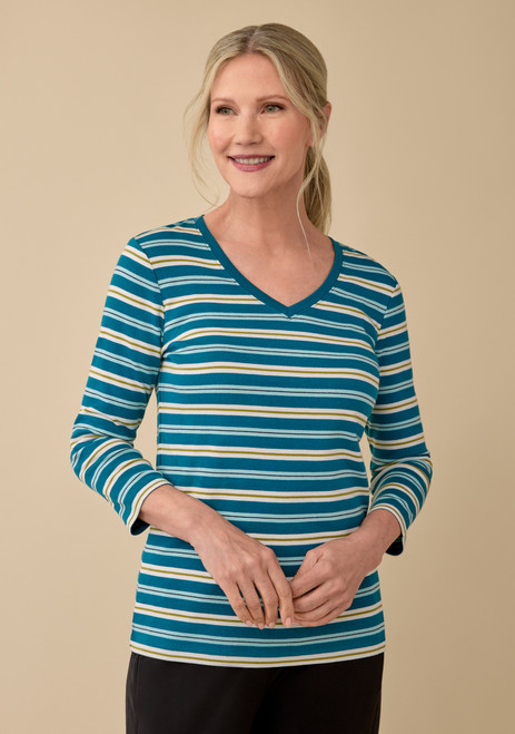 Striped Sleeve Cotton V Neck Tee