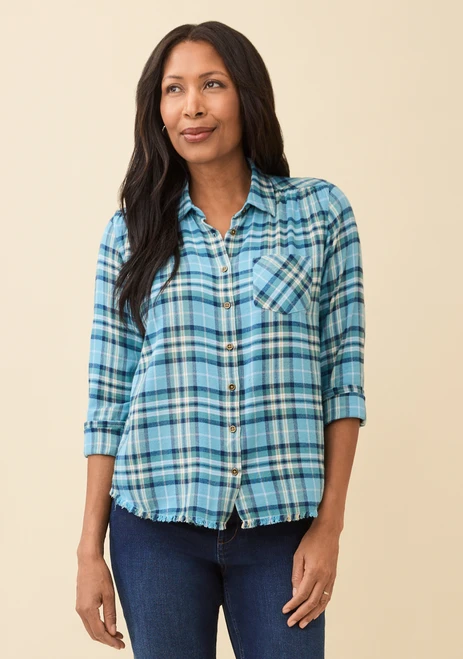 Frayed Hem Plaid Shirt - Half Body