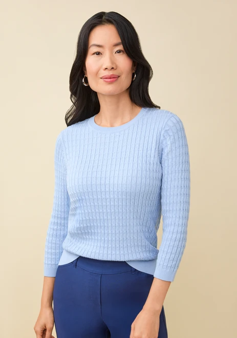 Cotton Cable Crewneck Sweater- half body-sky blue
