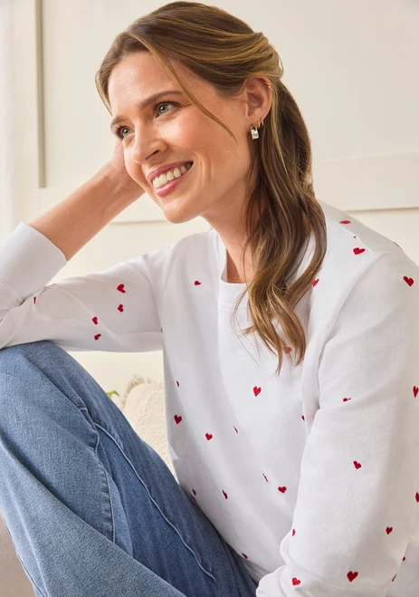 Puff Sleeve Heart Embroidered Pullover