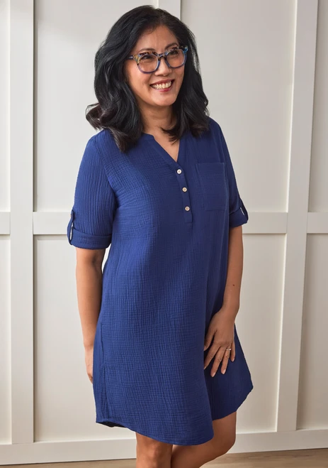 Cotton Gauze Roll-Tab Sleeve Dress