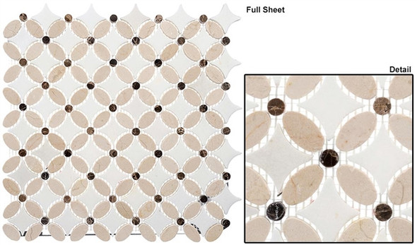 Flower - FS-71 Crema Marfil Emperador Dark Thassos White - Water Jet Floral Shape Marble Stone Mosaic Flower - FS-71 Crema Marfil Emperador Dark Thassos White - Water Jet Floral Shape Marble Stone Mosaic
