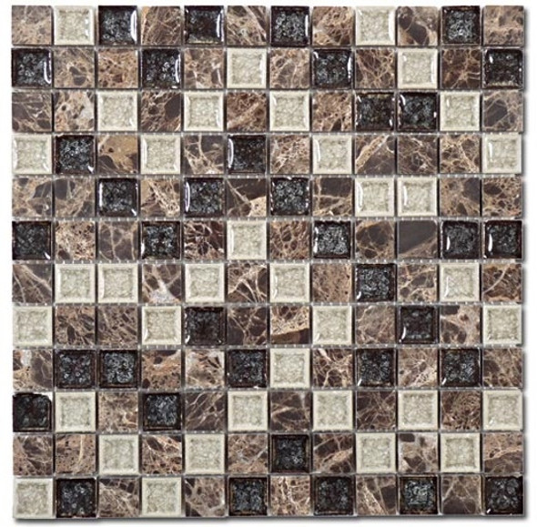 Tranquil - TS-909 Chocolate Blend - 1X1 Square Crackle Jewel Glass & Natural Stone Decorative Mosaic Tile - Sample