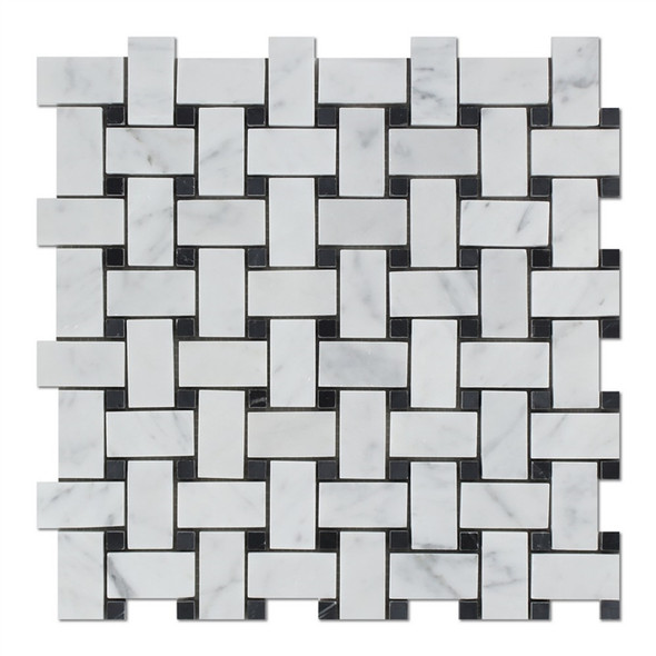 Carrara White Marble - Basketweave Pattern Mosaic Tile - Black Dot - POLISHED Carrara White Marble - Basketweave Pattern Mosaic Tile - Black Dot - POLISHED