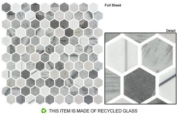 Aragon Hills - AGH 5415 Ventura Heights Gray White Mix - 1" Inch Hexagon - Recycled Glass Tile Mosaic