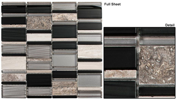 Corrugated Scape - CSS-126 Ebony Cliff - Multi Size Offset Glass & Natural Stone Mosaic Tile