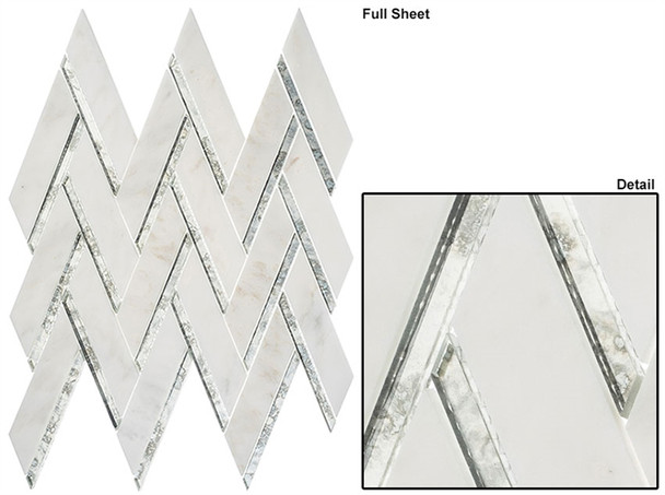 Peaks Harbor - PH481 Ornate Crest - Chevron Pattern Mirror Glass & Natural Stone Mosaic Tile - Sample